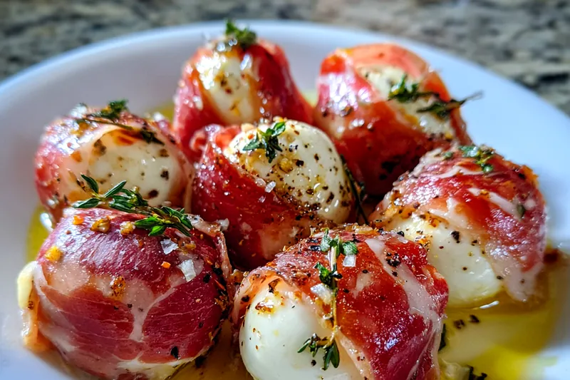 Savory Prosciutto Mozzarella Bites baking in the oven, showing a golden crispy texture on the prosciutto.