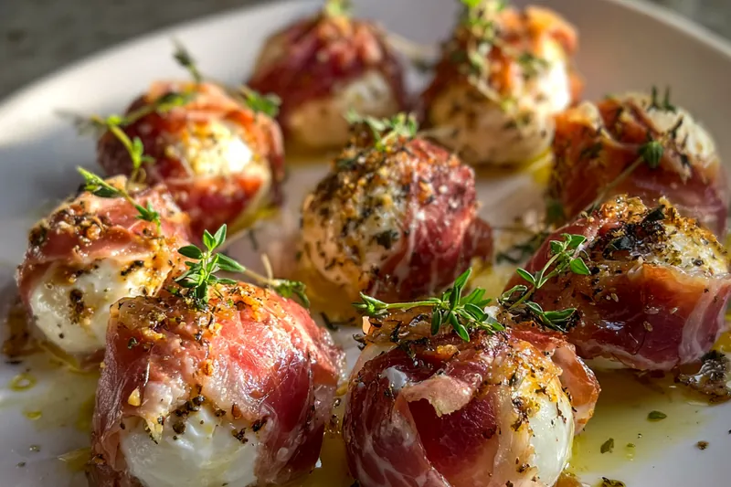 Fresh ingredients for Savory Prosciutto Mozzarella Bites including prosciutto, mozzarella, and herbs arranged on a wooden board.