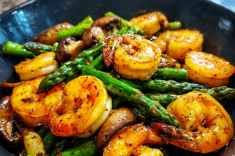 Fresh ingredients including shrimp, asparagus, and bell pepper prepared for cooking.