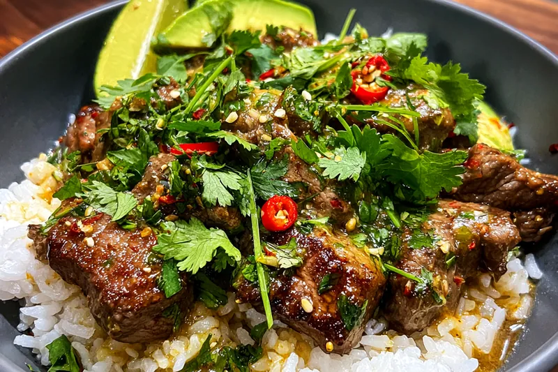 Fresh ingredients for Savory Steak Rice Bowl