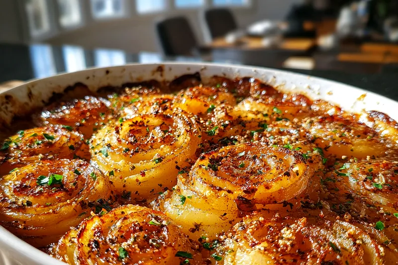 A close-up of Savory Tennessee Onion Layers baking in the oven, with golden cheese and crispy edges.