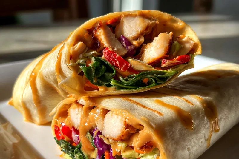 A vibrant skillet with sautéed chicken and colorful vegetables for Savory Thai Chicken Wraps.