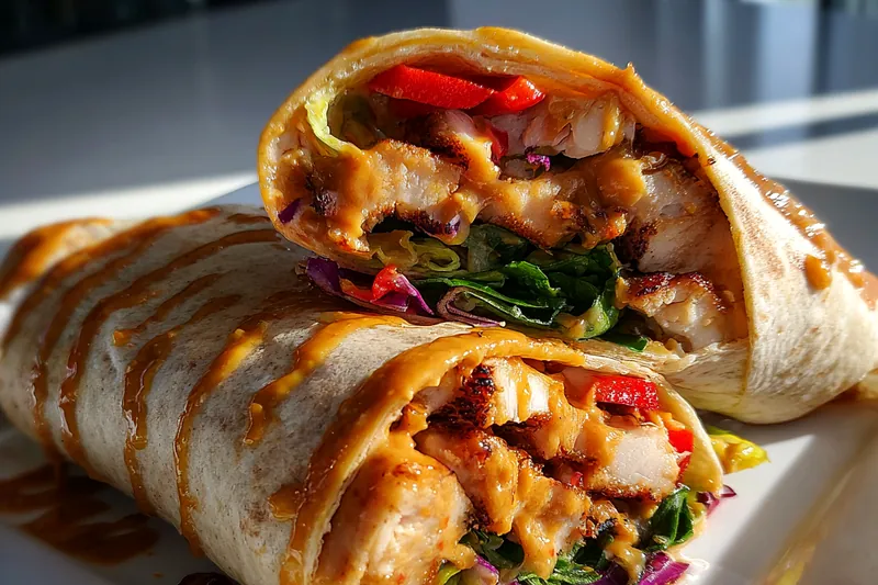 Fresh ingredients for Savory Thai Chicken Wraps arranged artfully on a wooden board.