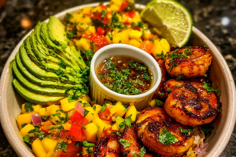 Chef cooking seared shrimp in a skillet, showcasing the vibrant colors and textures of the Seared Shrimp and Avocado Bowl.