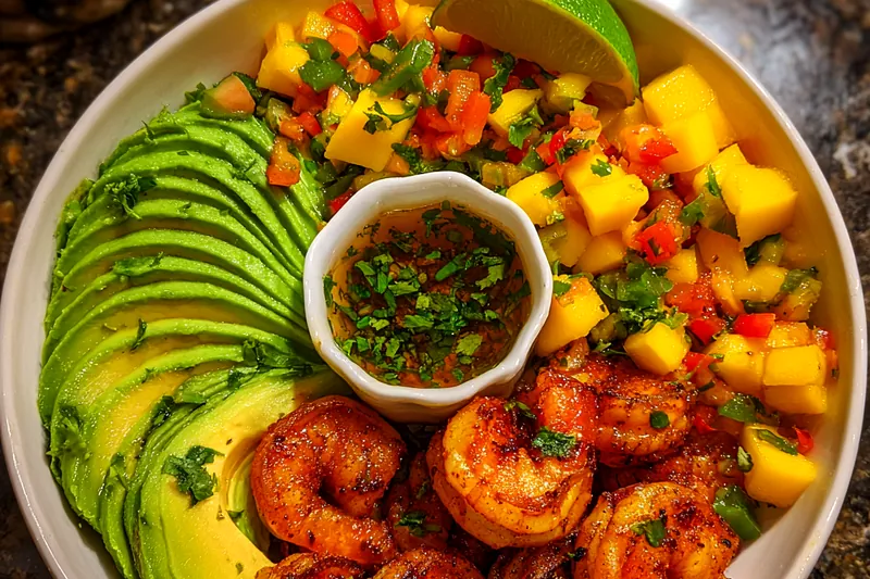 A colorful display of fresh ingredients for the Seared Shrimp and Avocado Bowl including shrimp, avocado, and vegetables.
