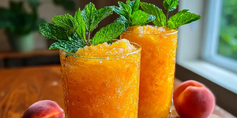 Tall glasses of bright orange peach slush garnished with abundant fresh mint sprigs on a rustic wooden table with scattered peaches