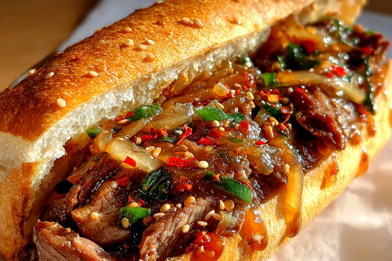 Cooking process for Spicy Bulgogi Cheesesteak Sandwich