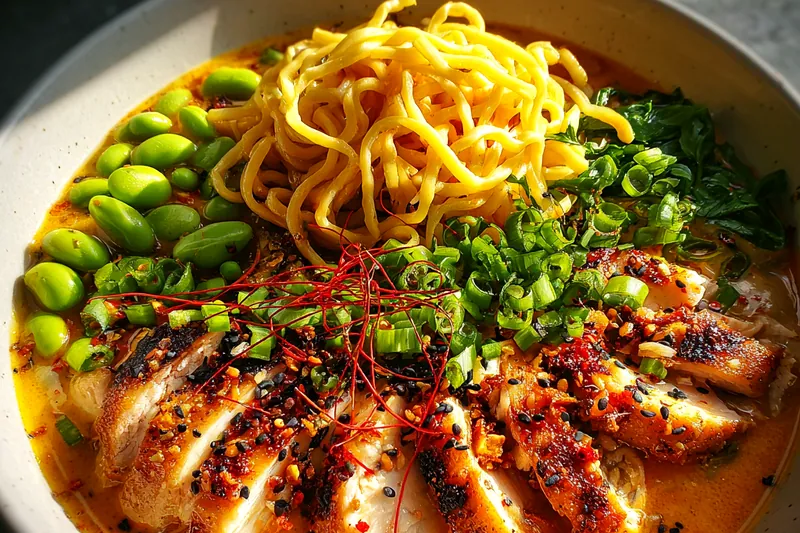 Fresh ingredients for Spicy Chicken Ramen Bowl
