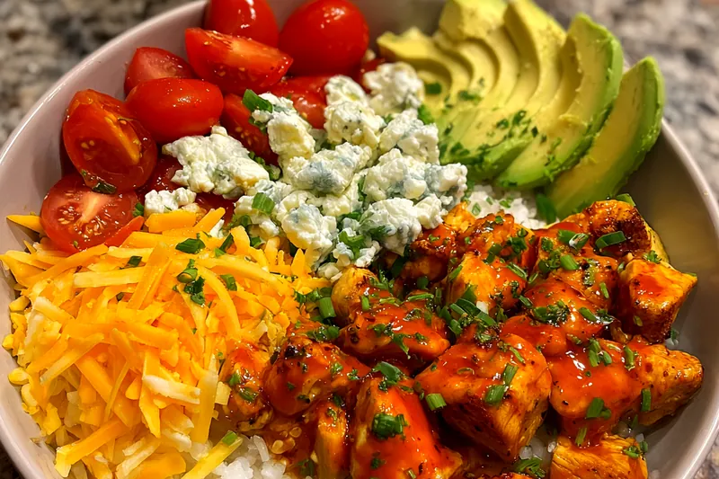 Fresh ingredients for Spicy Chicken Rice Bowl