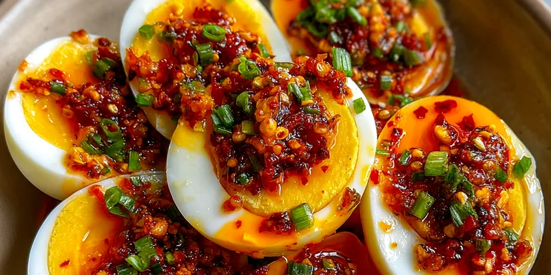 Delicious Spicy Chili Deviled Eggs served on a plate
