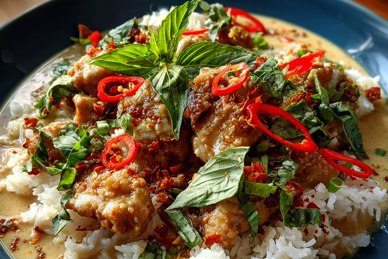 Cooking process for Spicy Coconut Basil Chicken