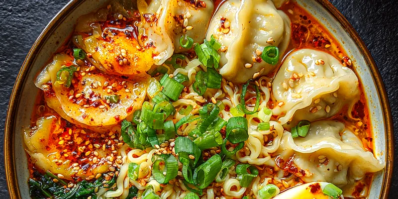 Delicious Spicy Dumpling Ramen Bowl served on a plate