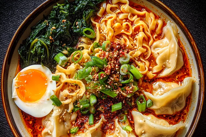 Fresh ingredients for Spicy Dumpling Ramen Bowl