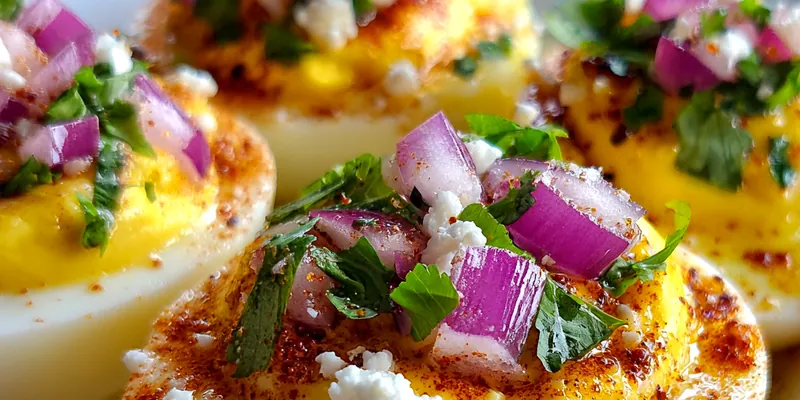 Delicious Spicy Elote Deviled Eggs served on a plate