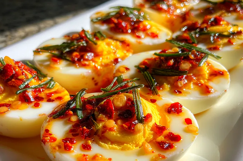 Fresh ingredients for Spicy Garlic Deviled Eggs