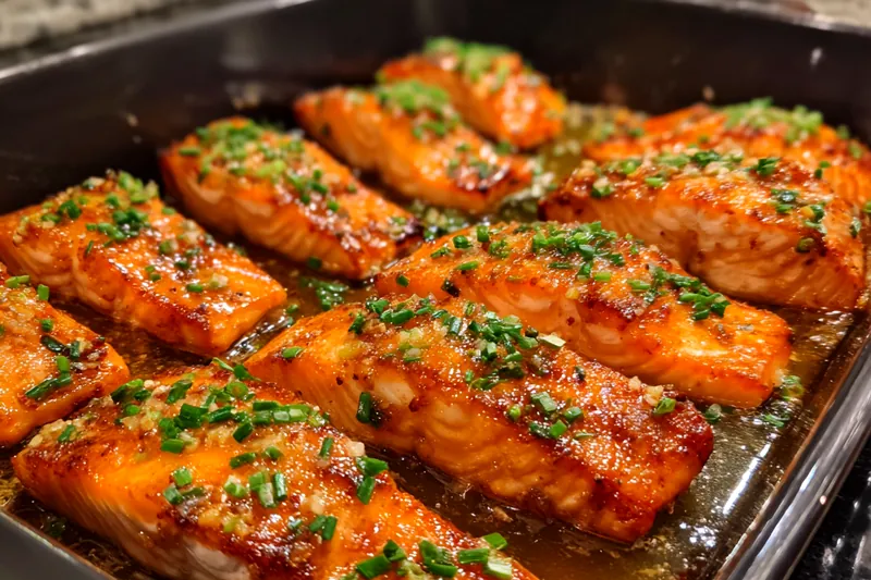 Chef Mitchell carefully bastes the salmon fillets with glaze in the oven.