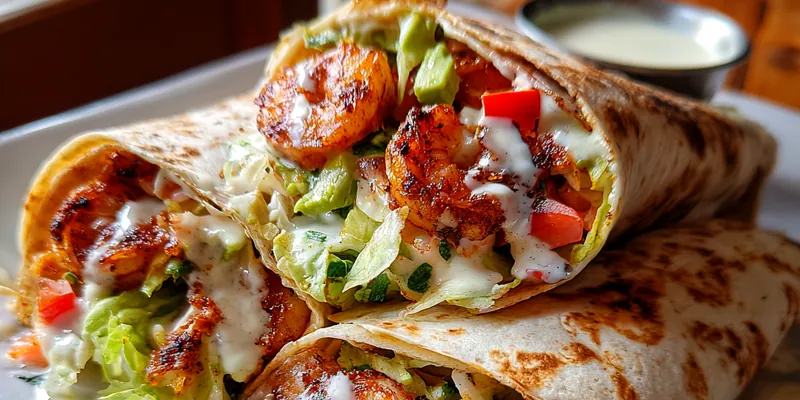 Close up of stacked grilled shrimp wraps cut in half, showing filling of shrimp, avocado, lettuce and white sauce on a white plate