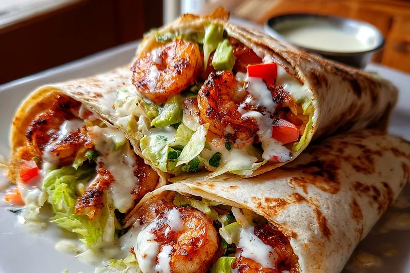 Ingredients for shrimp wraps: raw shrimp, avocados, tomatoes, lettuce, flour tortillas, and creamy sauce ingredients on a wooden board