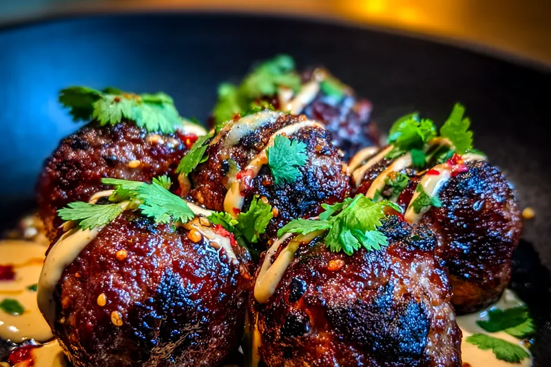 A vibrant display of ingredients for Spicy Korean Meatball Delight, including fresh herbs and spices.