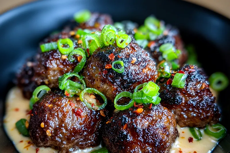 An array of fresh ingredients laid out for Spicy Korean Meatballs Delight including ground beef, herbs, and sauces.