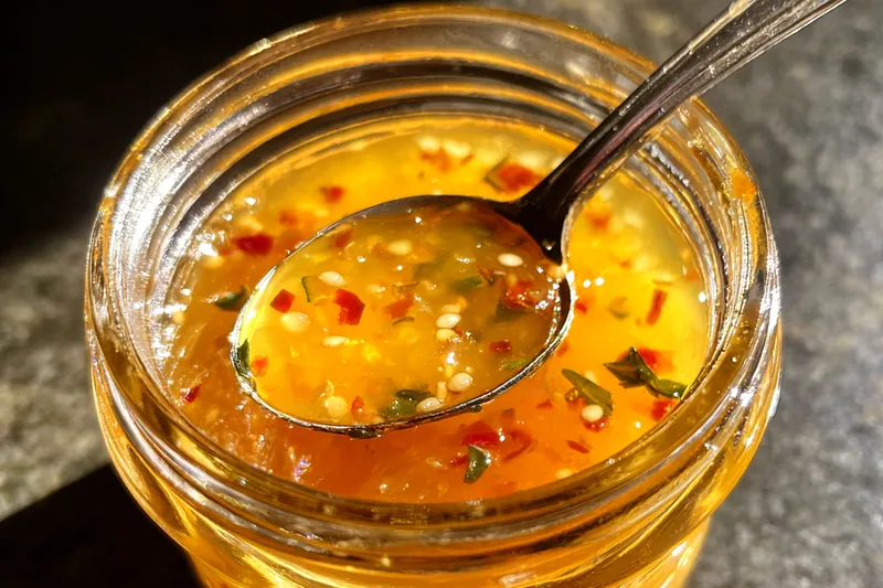 Chef blending Spicy Mango Garlic Sauce in a high-speed blender.