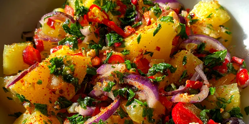 Delicious Spicy Mediterranean Potato Salad served on a plate