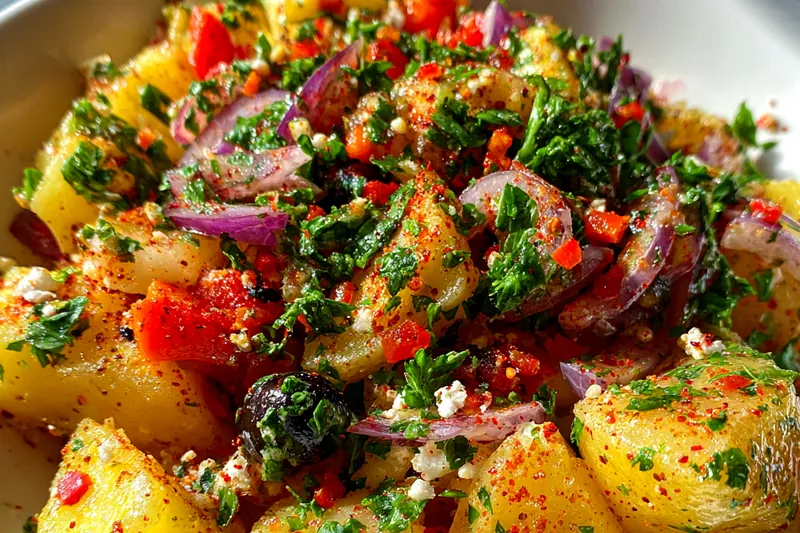 Fresh ingredients for Spicy Mediterranean Potato Salad