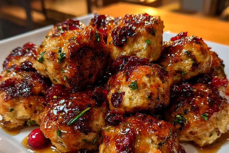 Glazed turkey meatballs simmering in a pan of red cranberry sauce, looking glossy and sticky