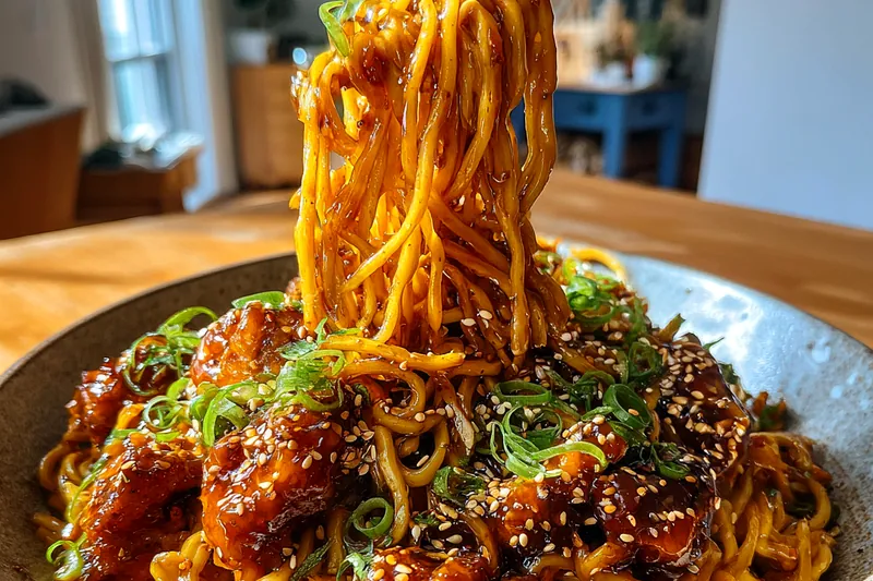 Asian stir fry ingredients including raw chicken, soy sauce bottle, honey, garlic cloves, ginger root, and bundles of dry noodles