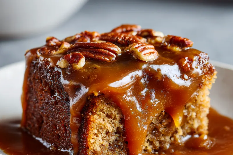 Pouring hot toffee sauce over the baked date cake, garnished with pecans