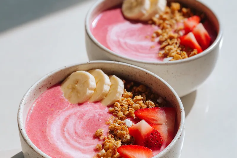 Fresh ingredients for Strawberry Banana Smoothie Bowl