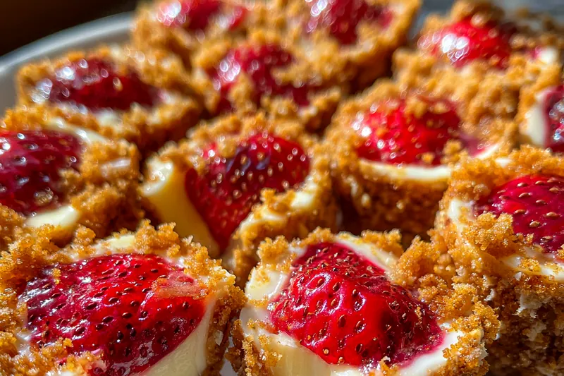 The process of mixing cream cheese and strawberries for filling Strawberry Cheesecake Crunch Bites.