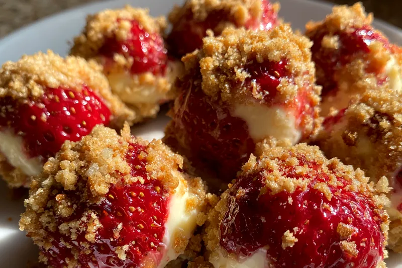 A vibrant display of fresh strawberries, cream cheese, and graham crackers used for Strawberry Cheesecake Crunch Bites.