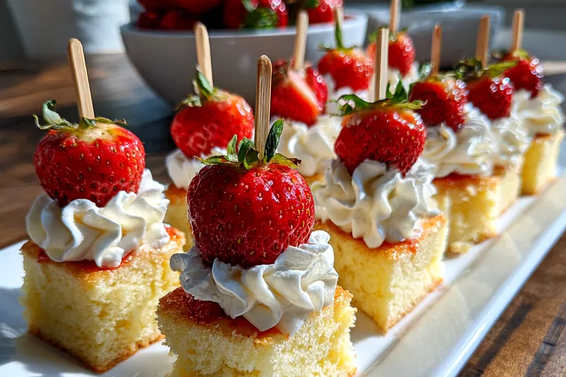 Fresh strawberries, angel food cake, and whipped cream arranged for Strawberry Shortcake Skewers.