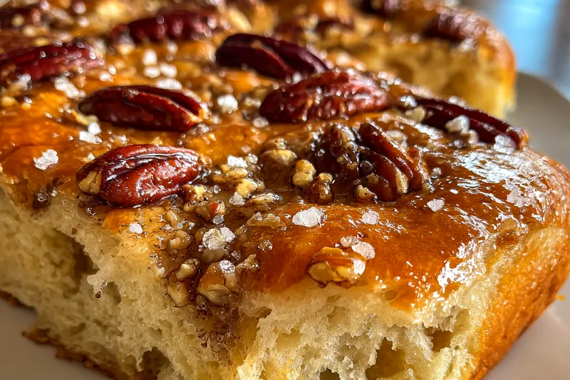 A freshly baked Sweet Pecan Focaccia Delight being sliced on a wooden cutting board.