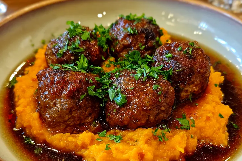 Fresh ingredients for Sweet Potato Meatball Delight