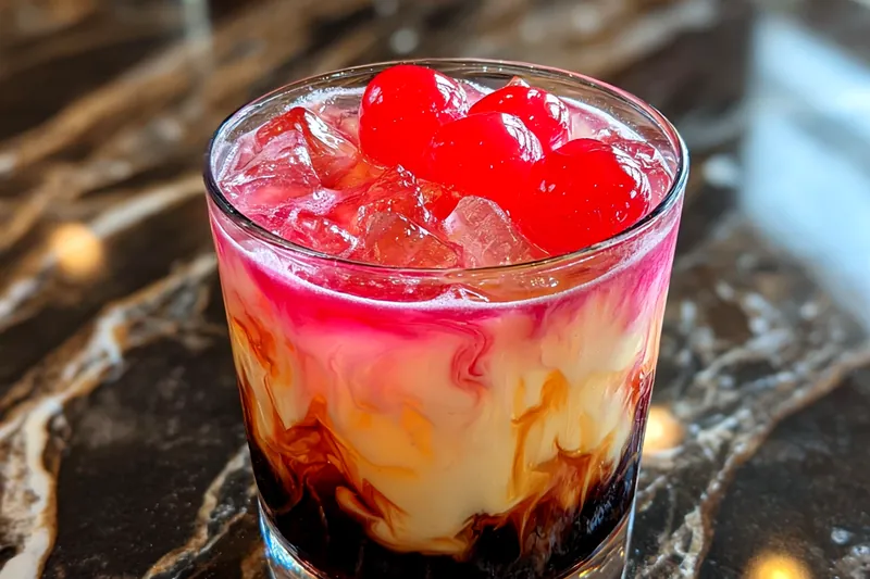 A step-by-step image sequence showcasing the process of making Swirled Kahlua Delight, from whipping cream to swirling cocoa.