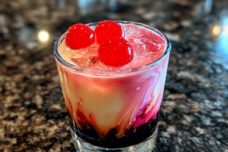 A vibrant display of ingredients for Swirled Kahlua Delight, including Kahlua, cream, chocolate, and mixing tools.