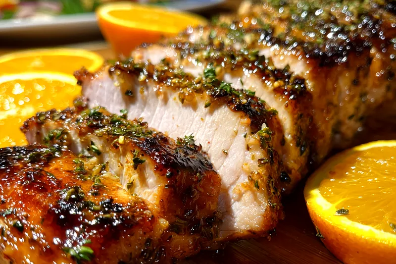 Cooking process of Tangy Cuban Mojo Pork, showing the searing and marinating steps.