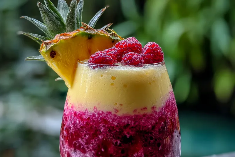 Blending fresh ingredients for the Tropical Raspberry Delight Drink in a high-speed blender.