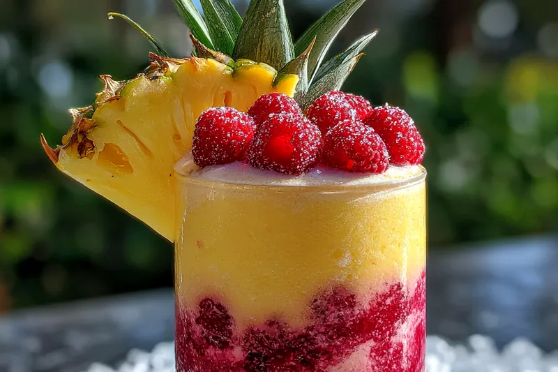 Colorful setup of fresh raspberries, pineapple juice, coconut water, and lime on a rustic background.
