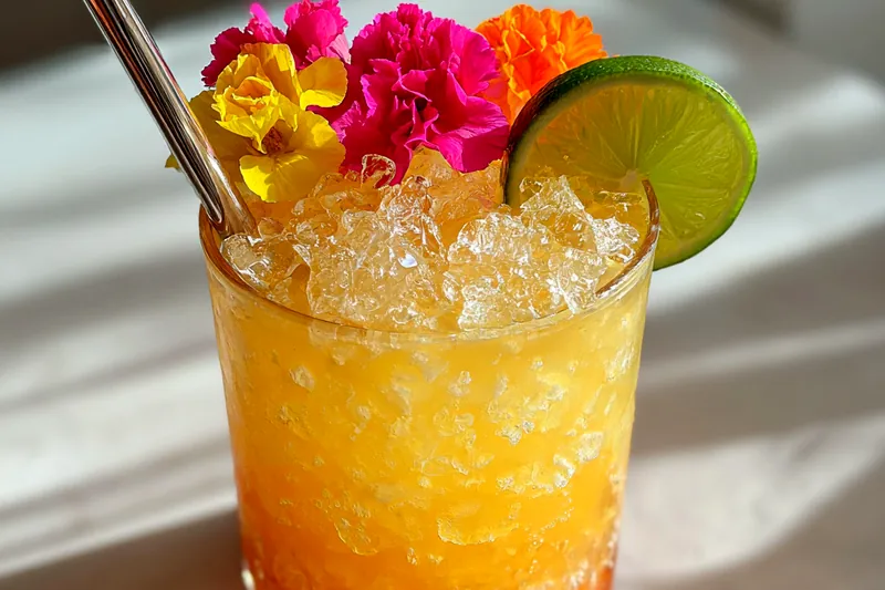 A vibrant arrangement of fresh fruits and ingredients for Tropical Rum Punch Delight preparation.