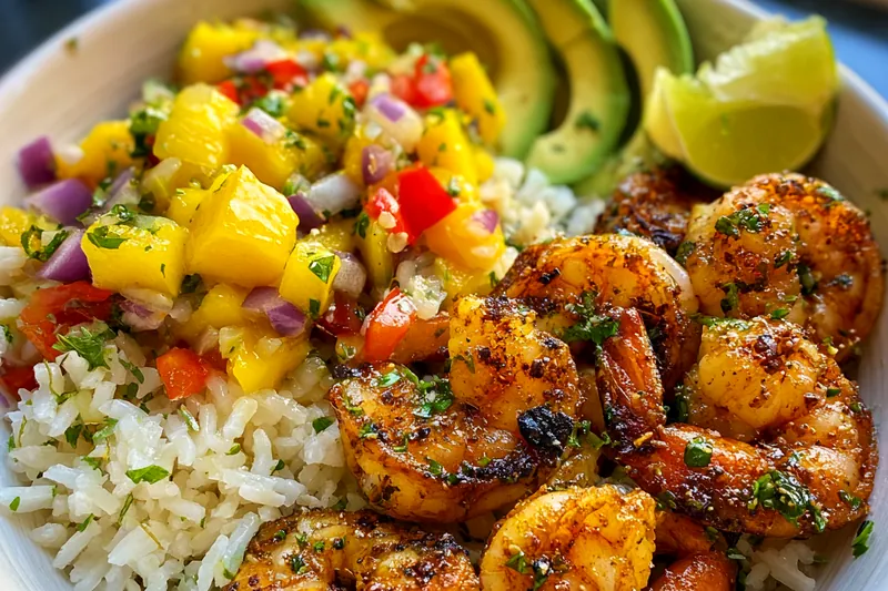 Fresh ingredients laid out for Tropical Shrimp Avocado Bowl including shrimp, avocado, and vegetables.