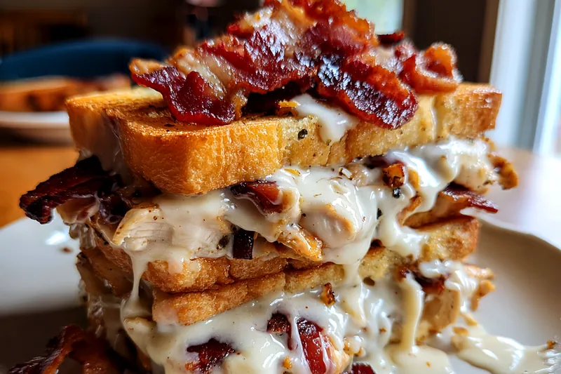 Raw ingredients including thick bread, raw chicken breast, bacon strips, milk, cheese, and butter on a wooden board