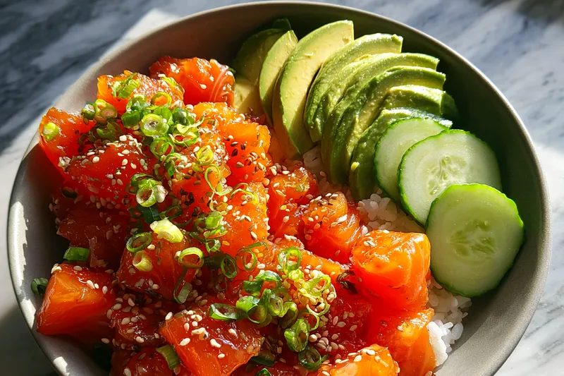 Fresh ingredients for Vibrant Salmon Poke Bowl