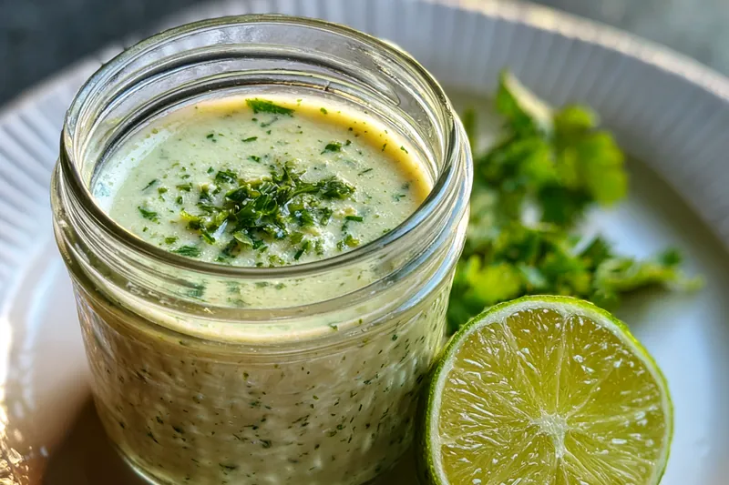 Chef blending ingredients for Zesty Cilantro Garlic Sauce in a food processor.