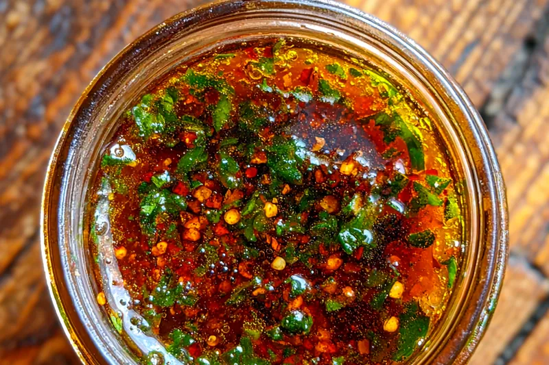 A vibrant display of fresh parsley, cilantro, garlic, and spices used in Zesty Smoky Red Chimichurri.